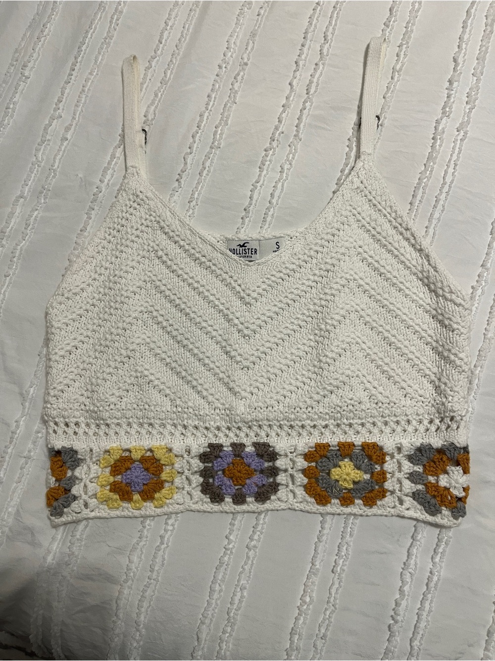 Hollister White Crochet Crop Camisole with Multicolor Granny Hem
